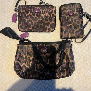 Coach Leopard purple purse handbag with is holder